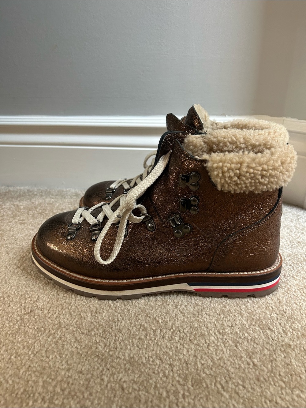 Blanche Shearling-trimmed Metallic Leather Hiking Boots In Metallic Copper